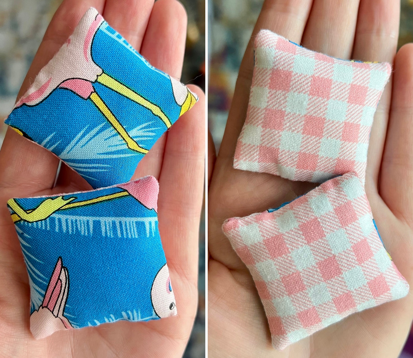 Two dollhouse pillows, first picture shows pink flamingo on blue background, ack is pink gingham. 