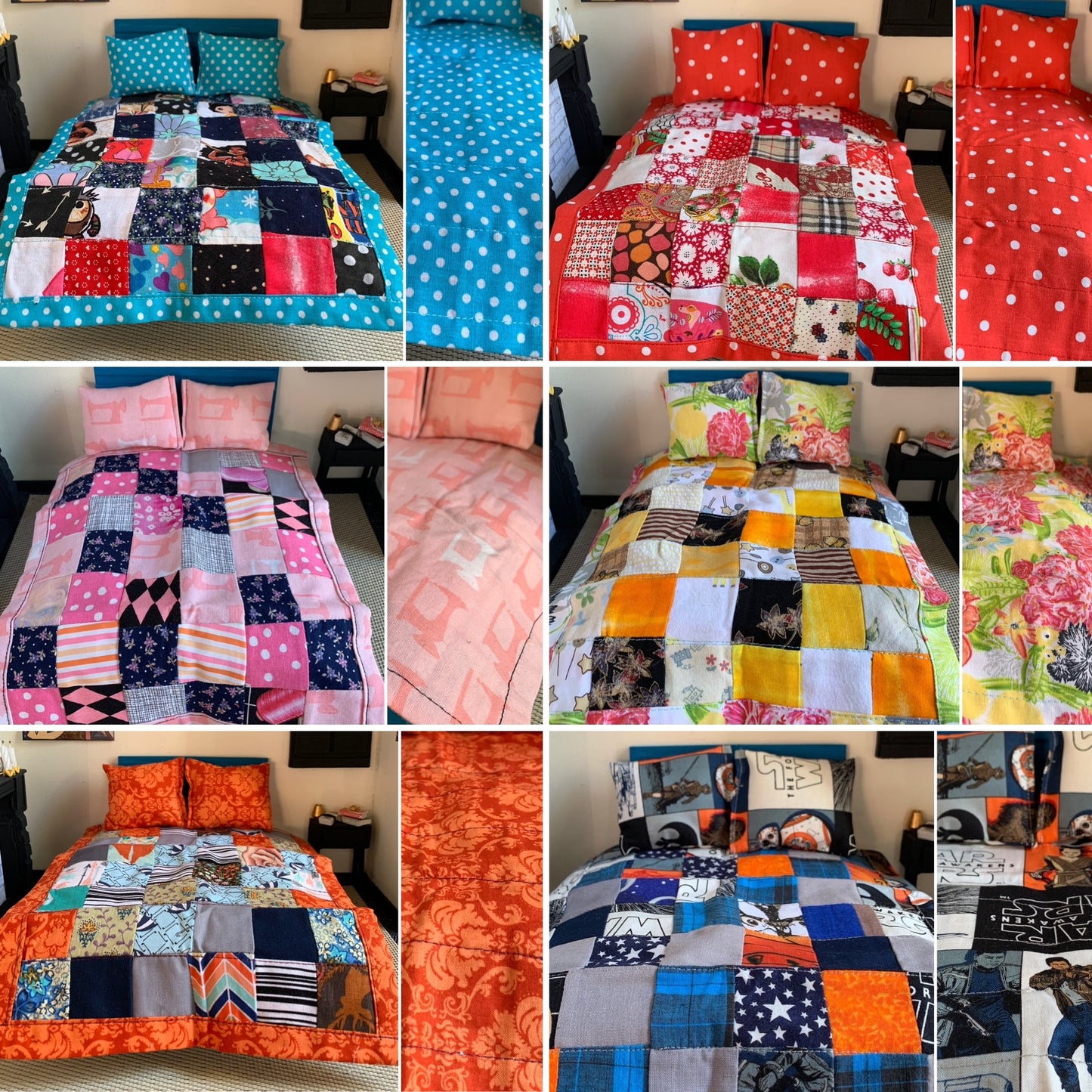 dollhouse quilt sets photo grid, each one has the back of the quilt next to the quilt and pillows on a miniature bed