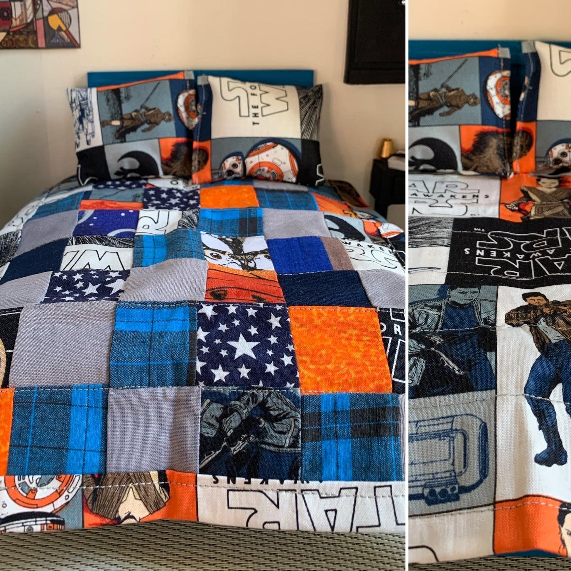 dollhouse quilt, on a miniature bed, with various patchwork squares, and a star wars backing