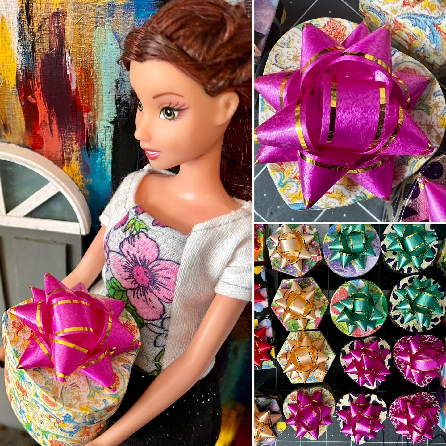 gift box collage, Barbie holding one, one aerial view, and one group view