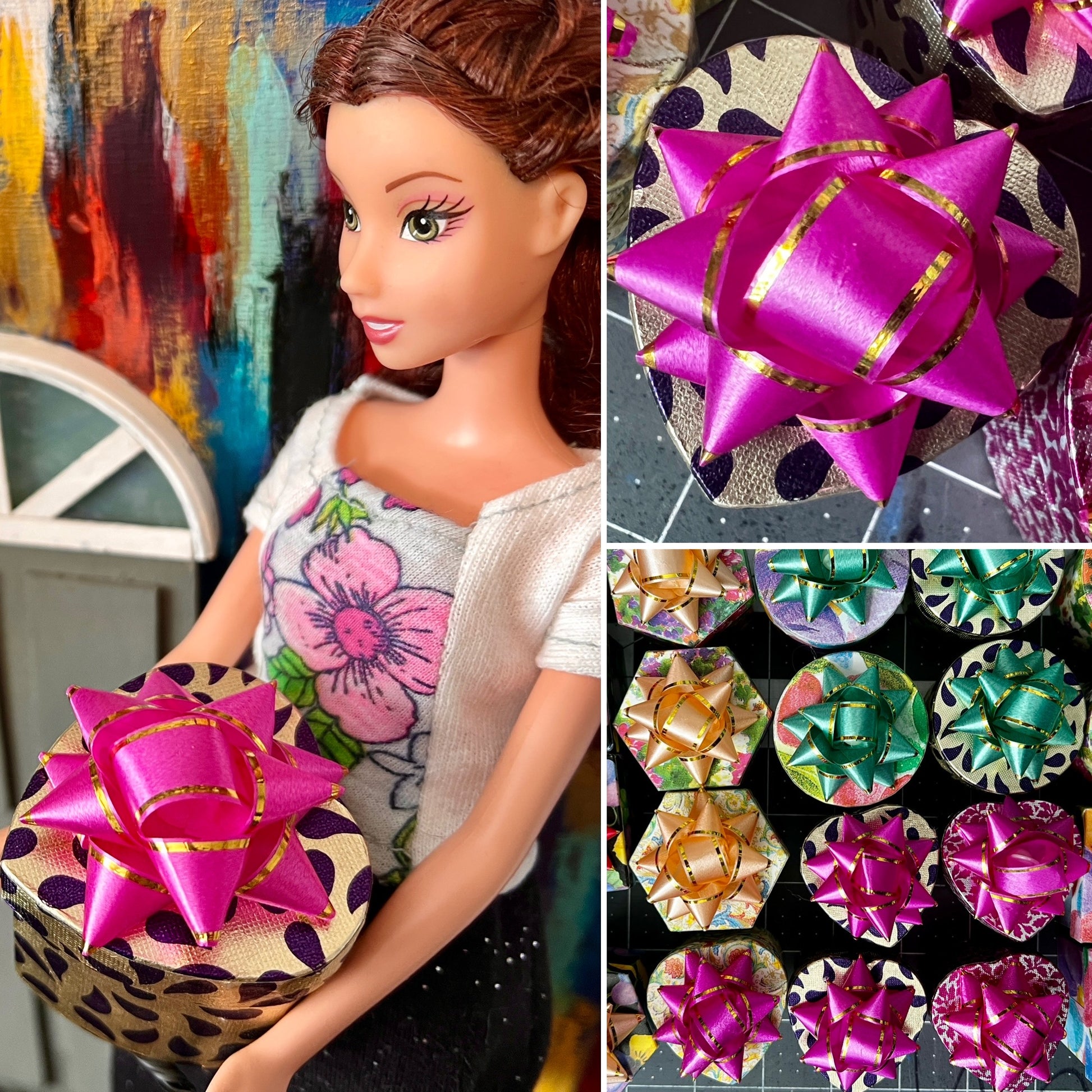 gift box collage, Barbie holding one, one aerial view, and one group view