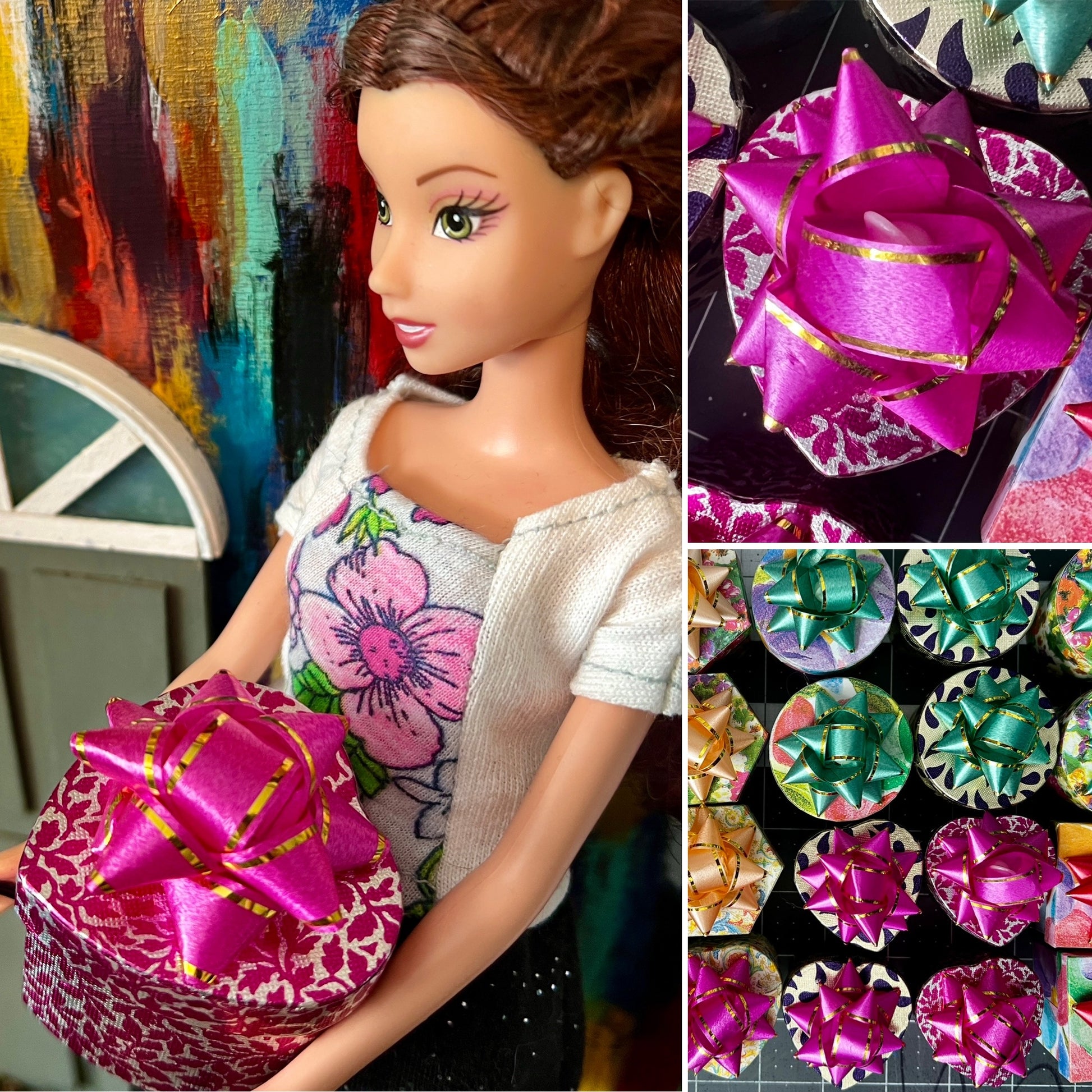 gift box collage, Barbie holding one, one aerial view, and one group view