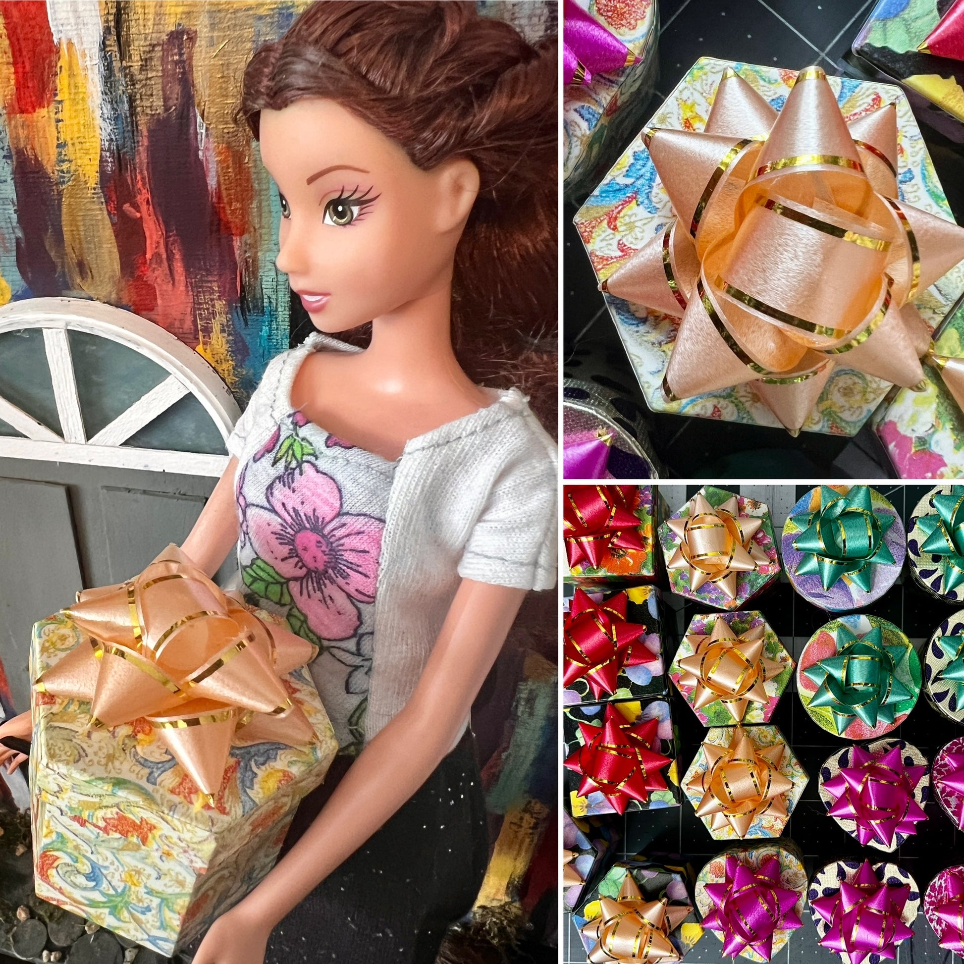 gift box collage, Barbie holding one, one aerial view, and one group view