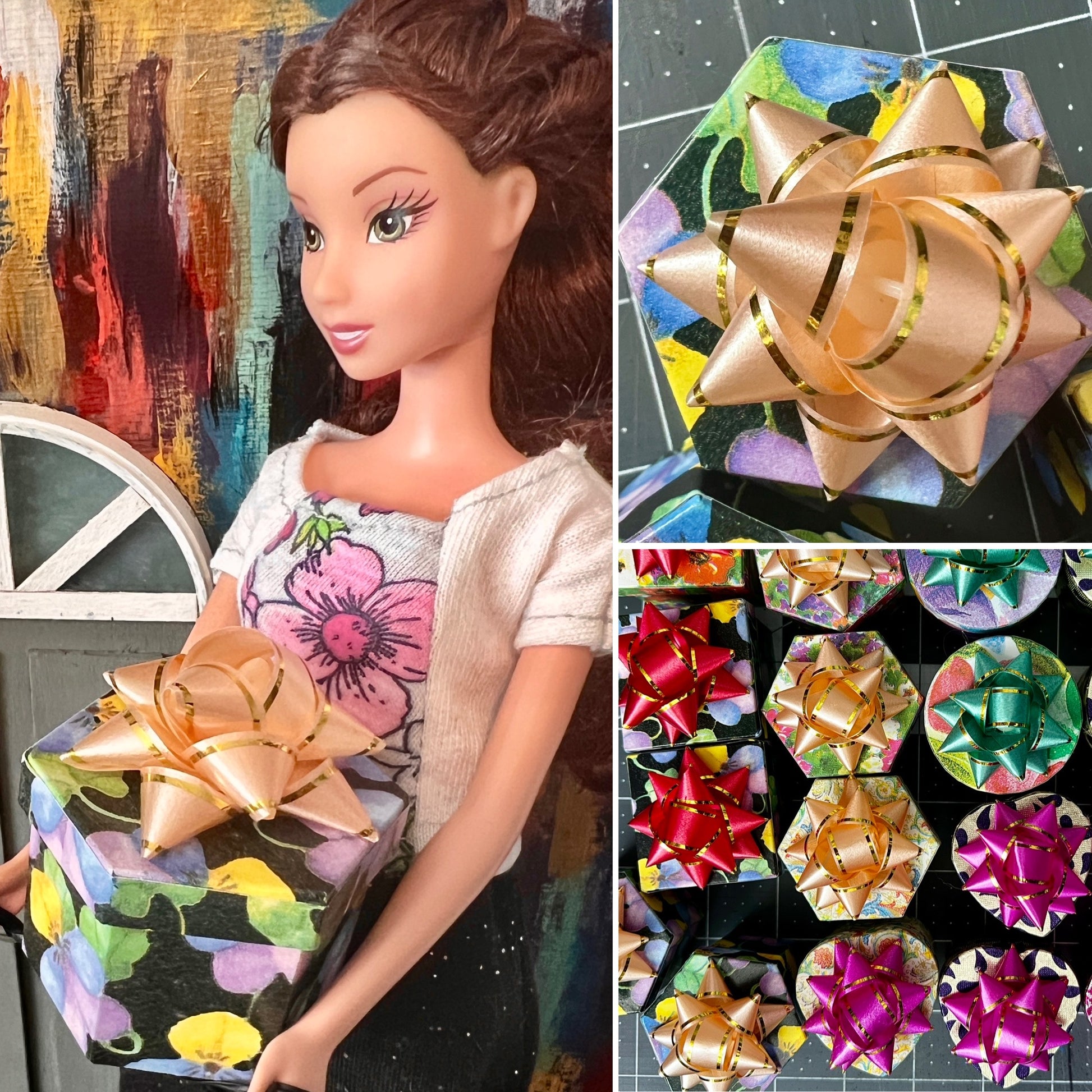 gift box collage, Barbie holding one, one aerial view, and one group view