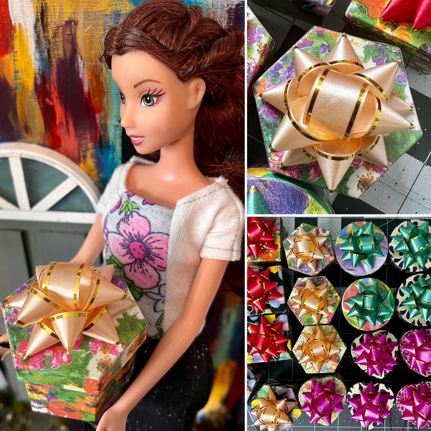 gift box collage, Barbie holding one, one aerial view, and one group view