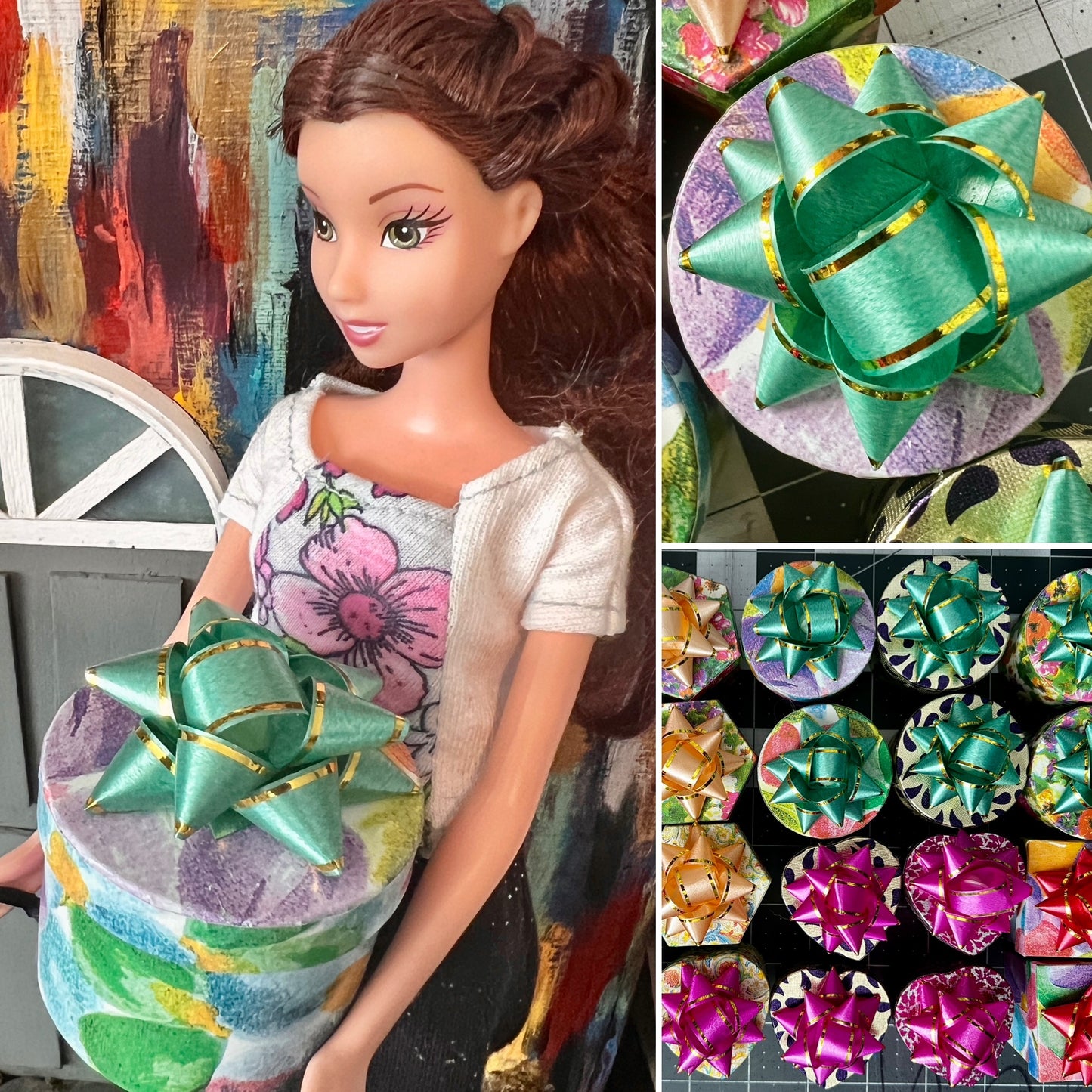 gift box collage, Barbie holding one, one aerial view, and one group view