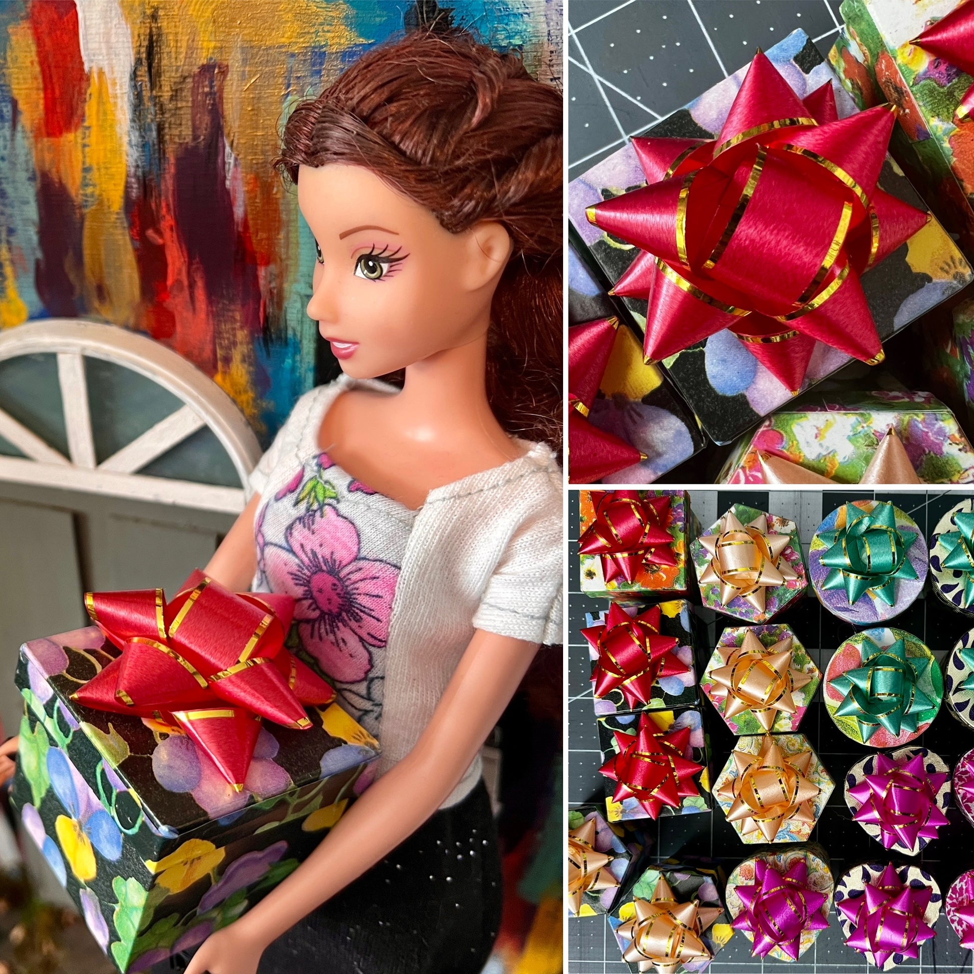 gift box collage, Barbie holding one, one aerial view, and one group view