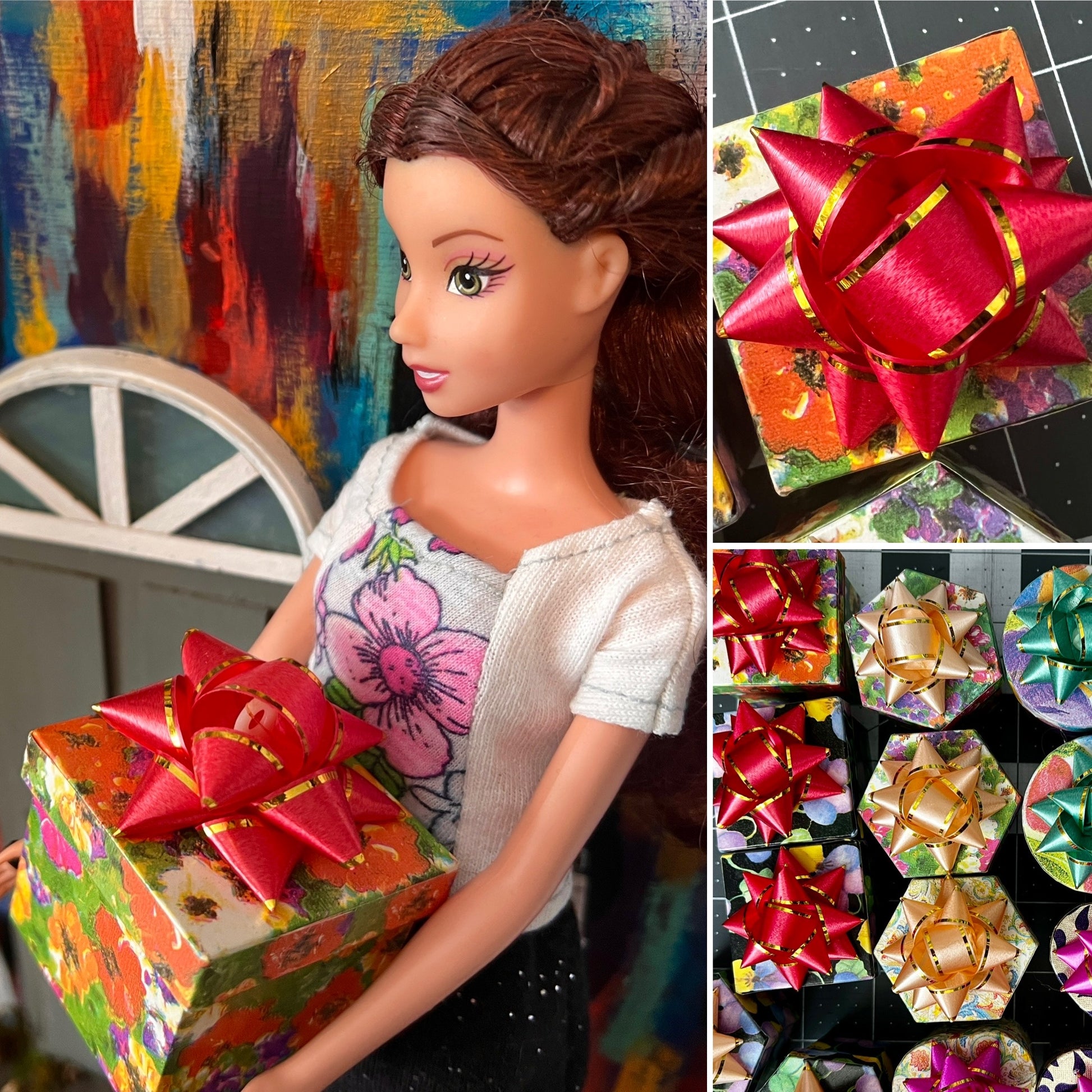 gift box collage, Barbie holding one, one aerial view, and one group view