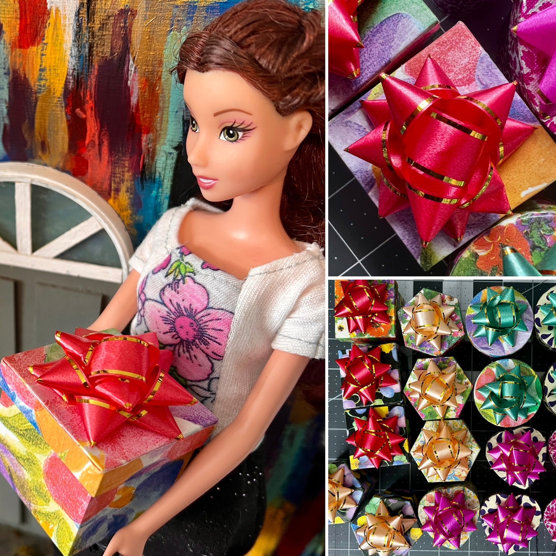 gift box collage, Barbie holding one, one aerial view, and one group view