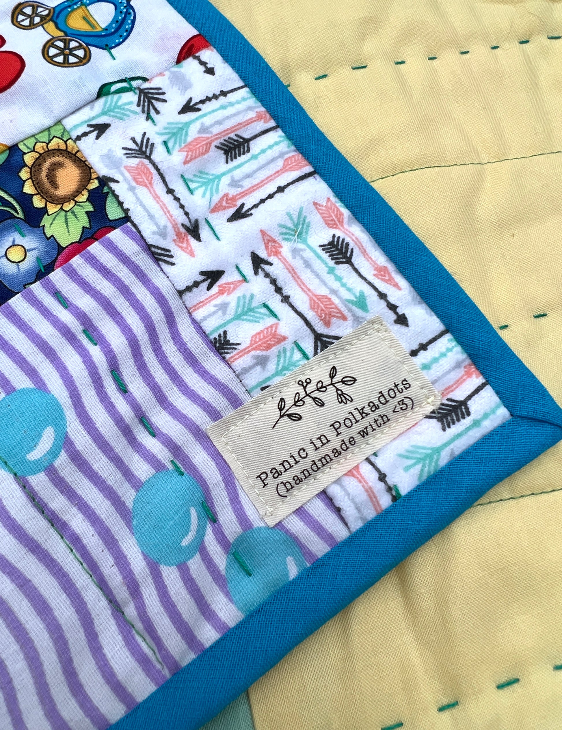 little mermaid baby quilt corner detail, with Panic in Polkadots label