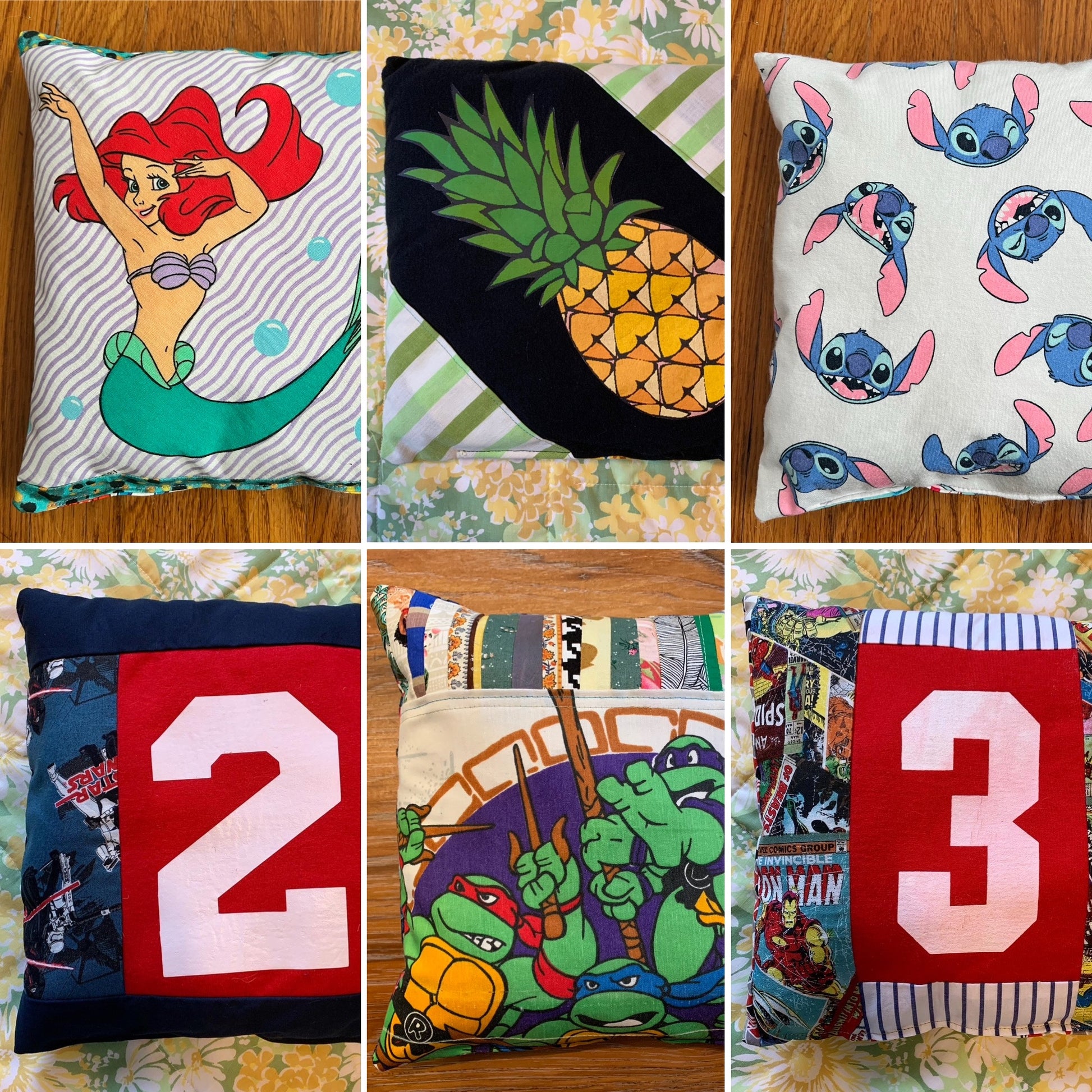 a grid of 6 photos, of different little pillows