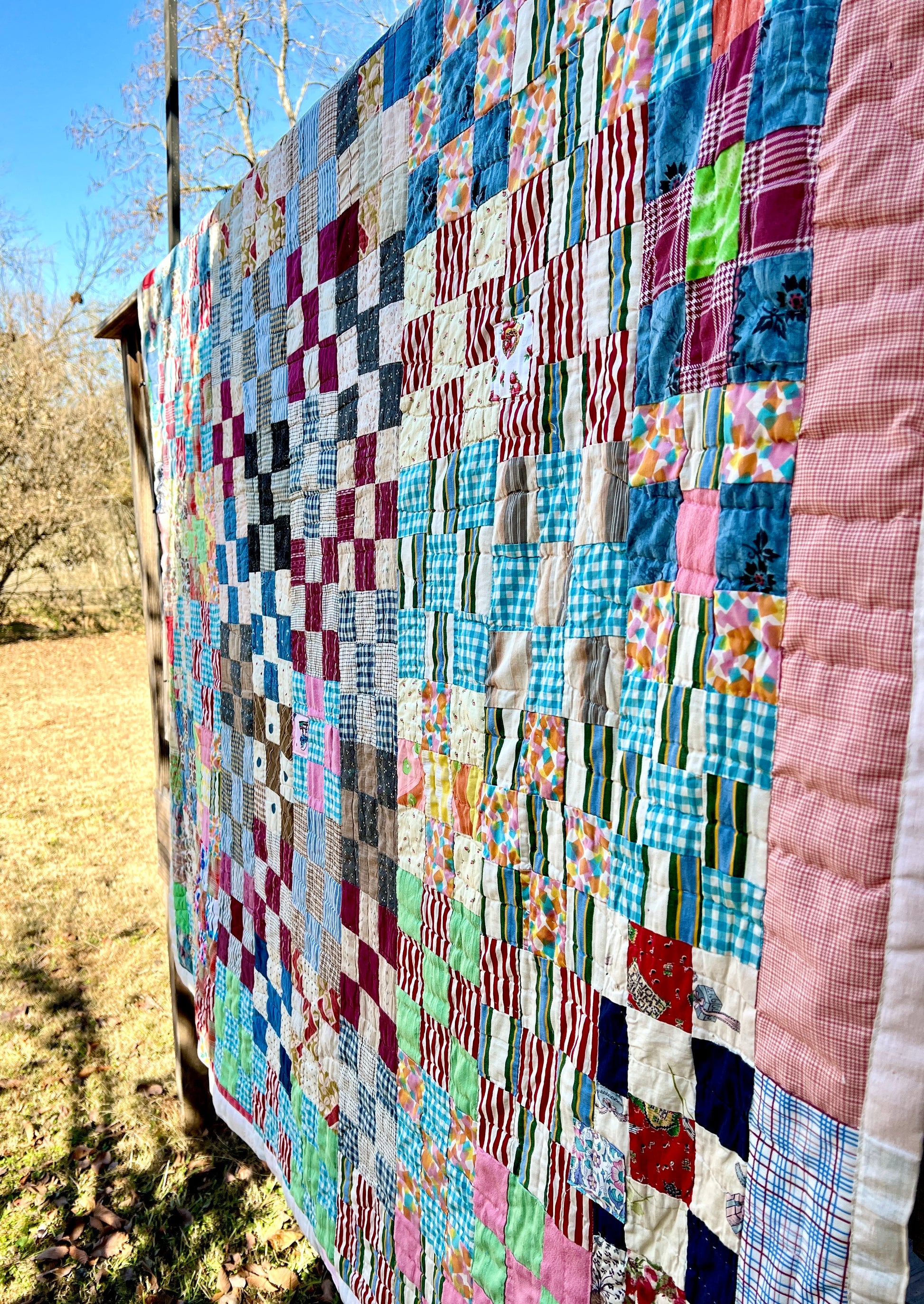 nine squares colorful quilt side view, antique quilt reborn