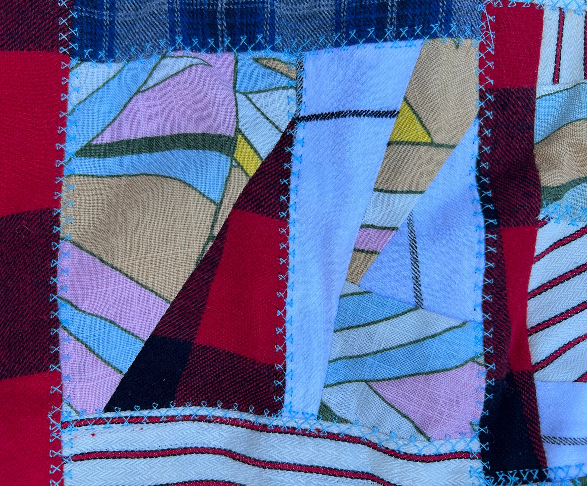 patchwork plaid skirt closeup fancy stitches