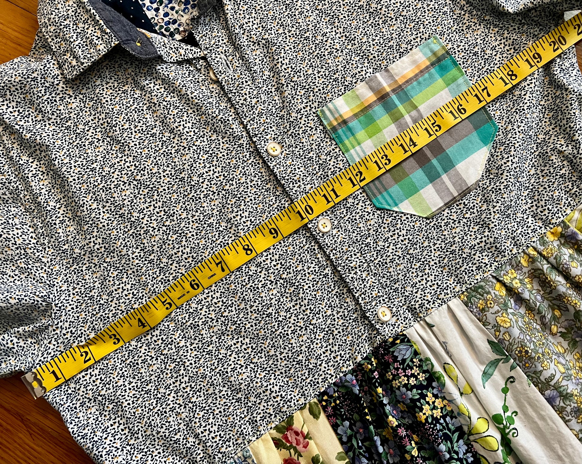 patchwork shirtdress with waist measurement shown