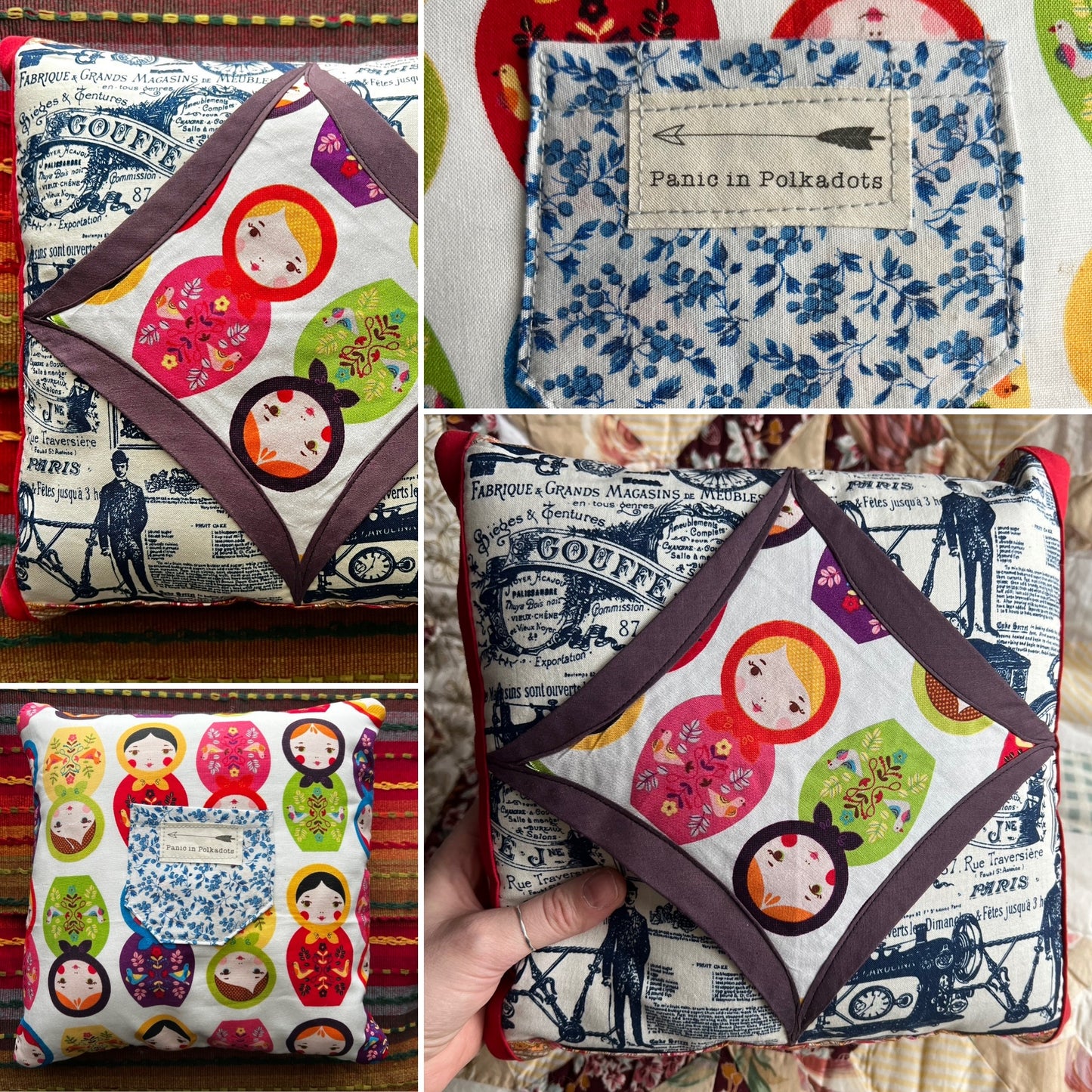 Tooth fairy pillow, views of front back, pillow closeup and held in hand for scale. pillow tooth fairy