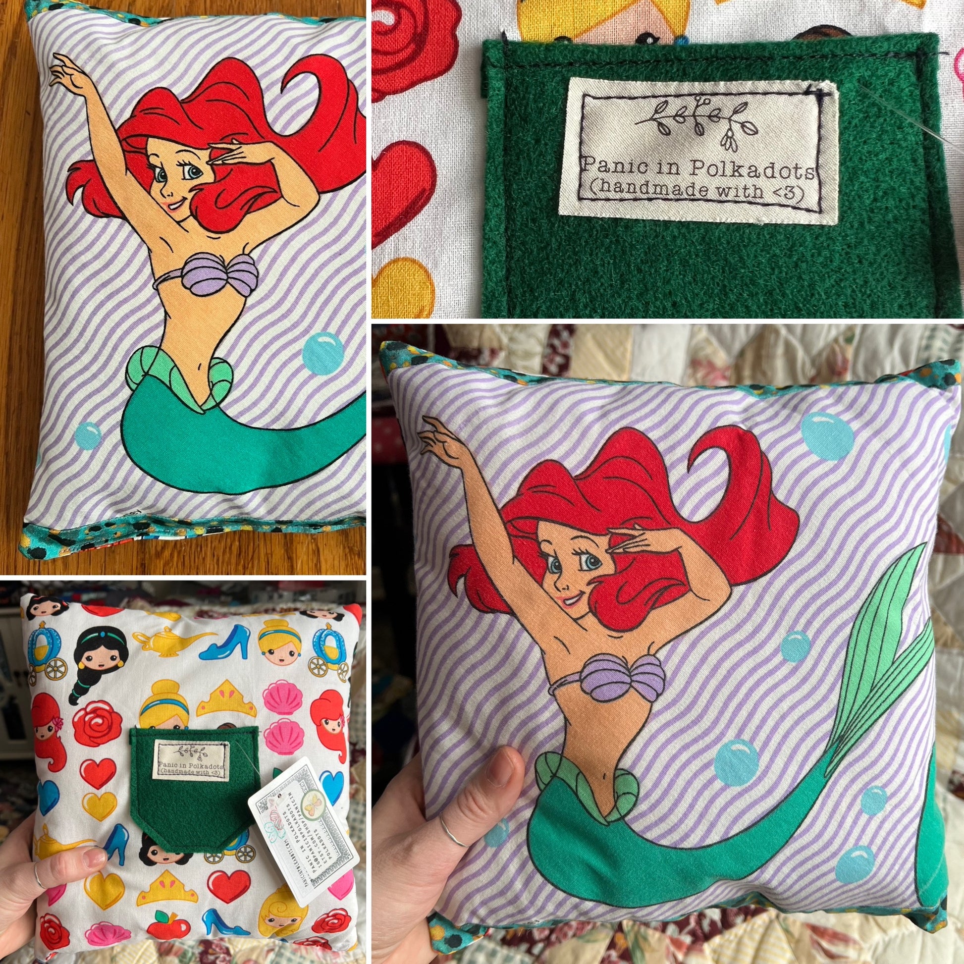 Collage of a mermaid-themed pillow with a label and additional fabric with character designs.