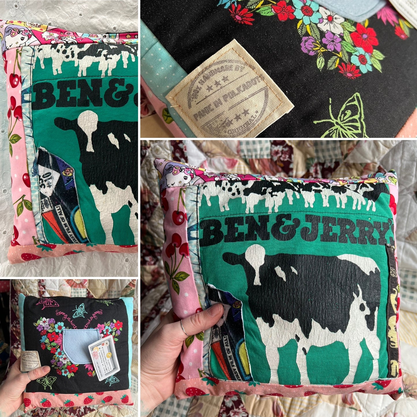Collage of Ben & Jerry's branded fabric with cow design and colorful patterns on a tooth fair pillows