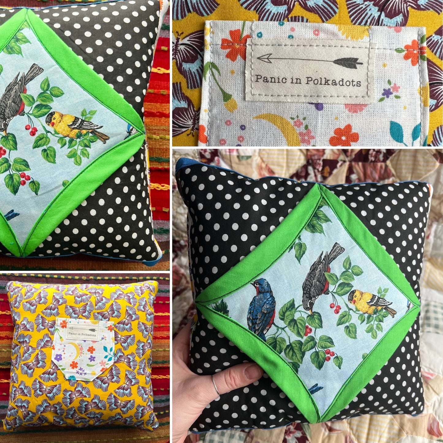 Collage of photos of fabric pillow with polka dot patterns and bird designs, featuring a label with text.