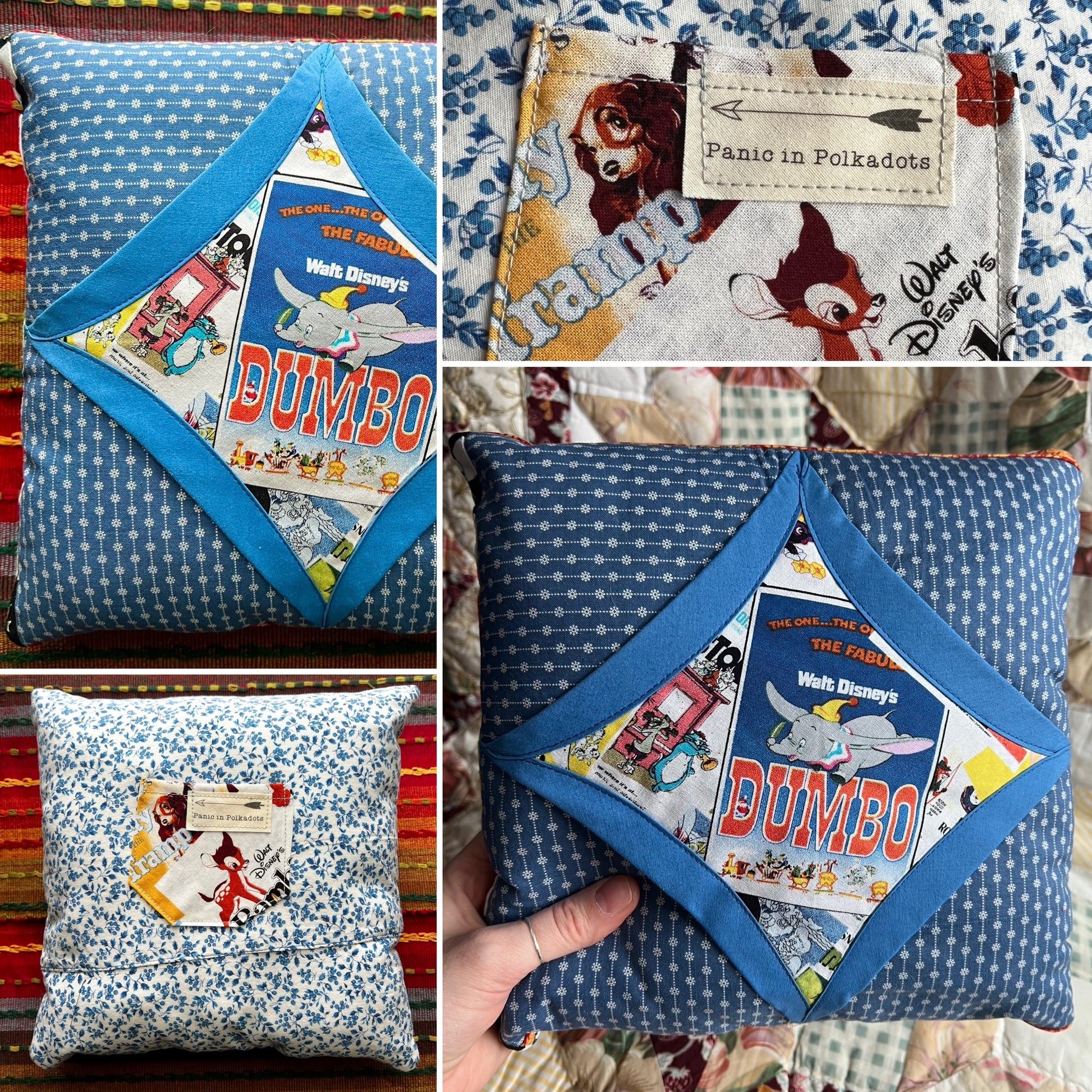 Collage of photos of a Disney-themed pillow with 'Dumbo' design and 'Panic in Polkadots' tag.