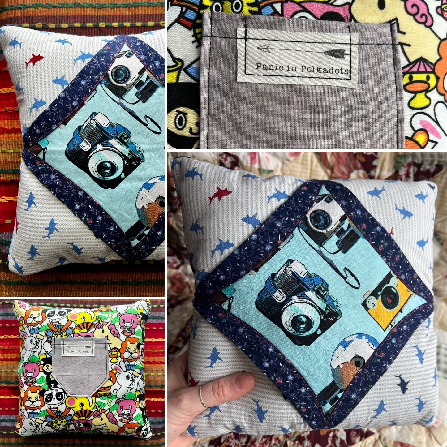 Collage of fabric pillow with camera design, colorful patterns, and brand label.