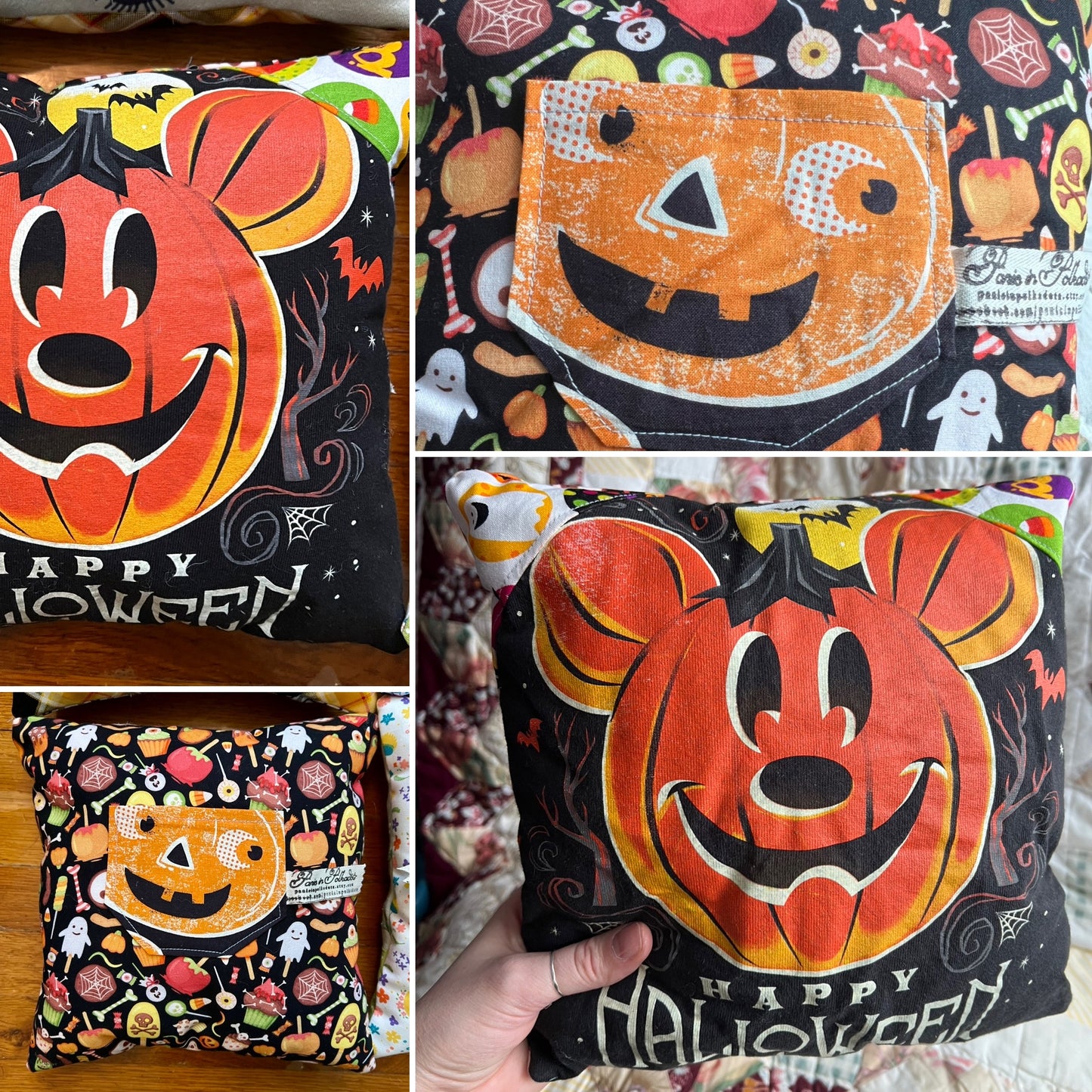 Collage of Halloween-themed pillow with pumpkin design and 'Happy Halloween' text.