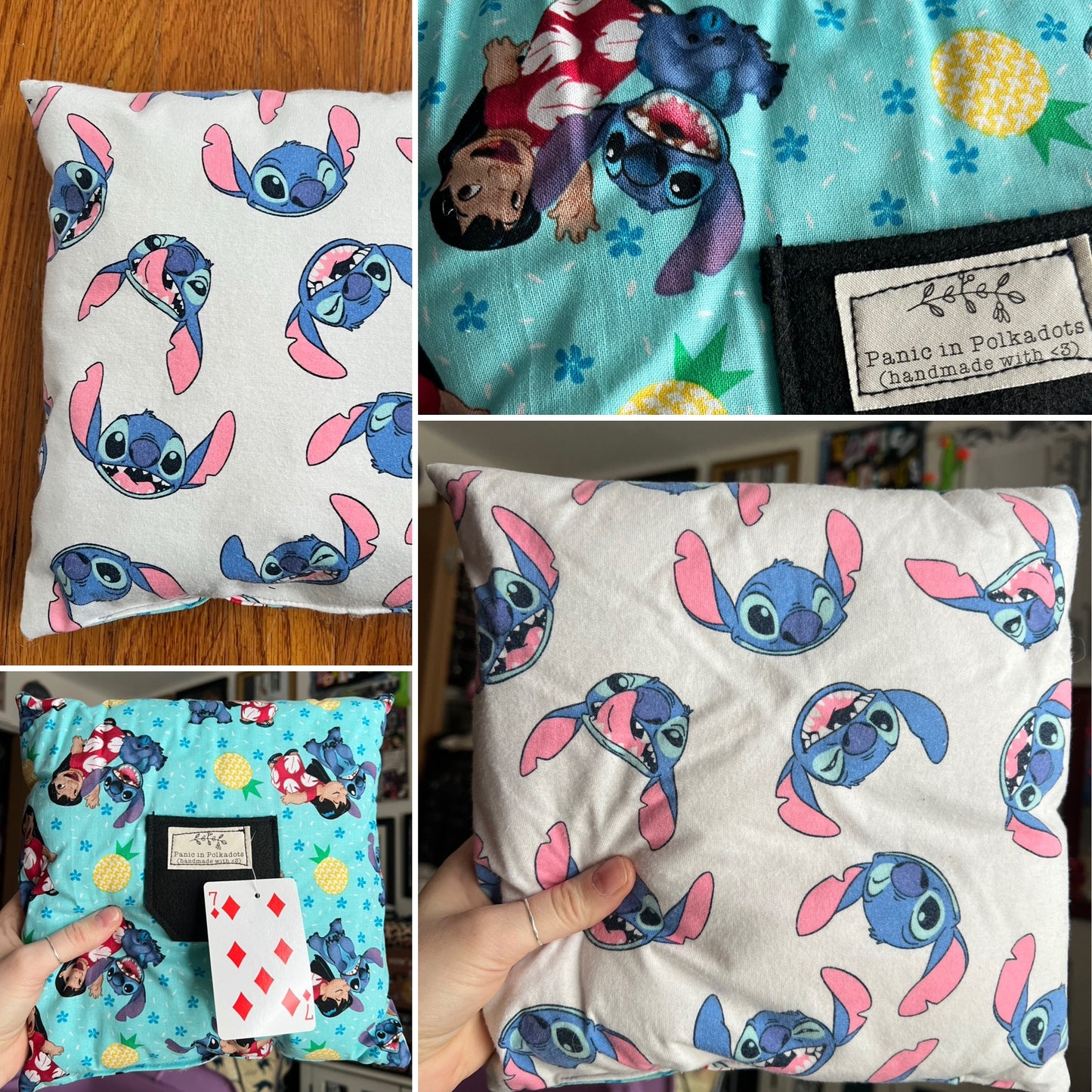 Collage of fabric with cartoon character pattern and a branded label.