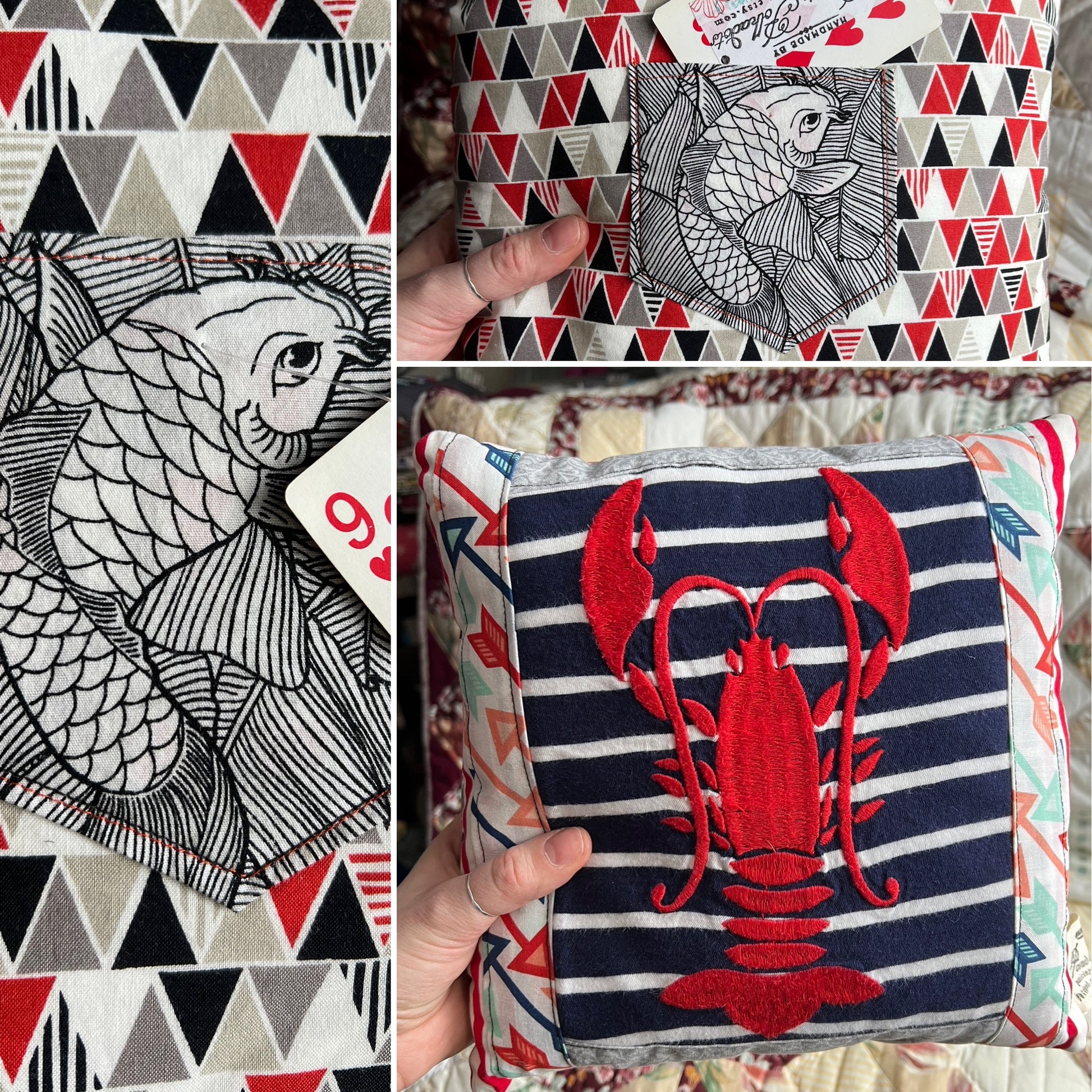 Collage of patterned fabric on a pillow with a red lobster design.