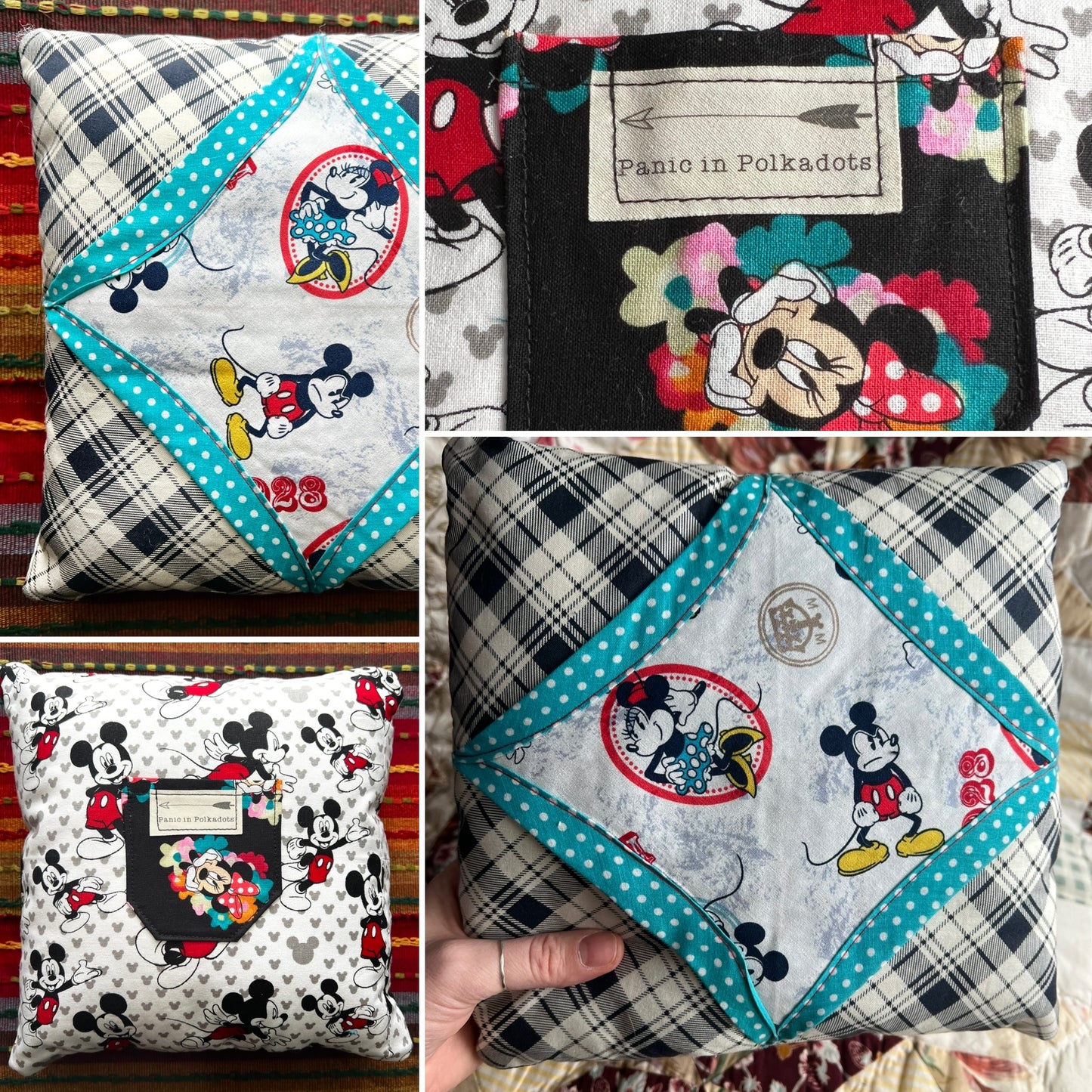 Collage of Mickey Mouse-themed pillow with various designs and patterns.