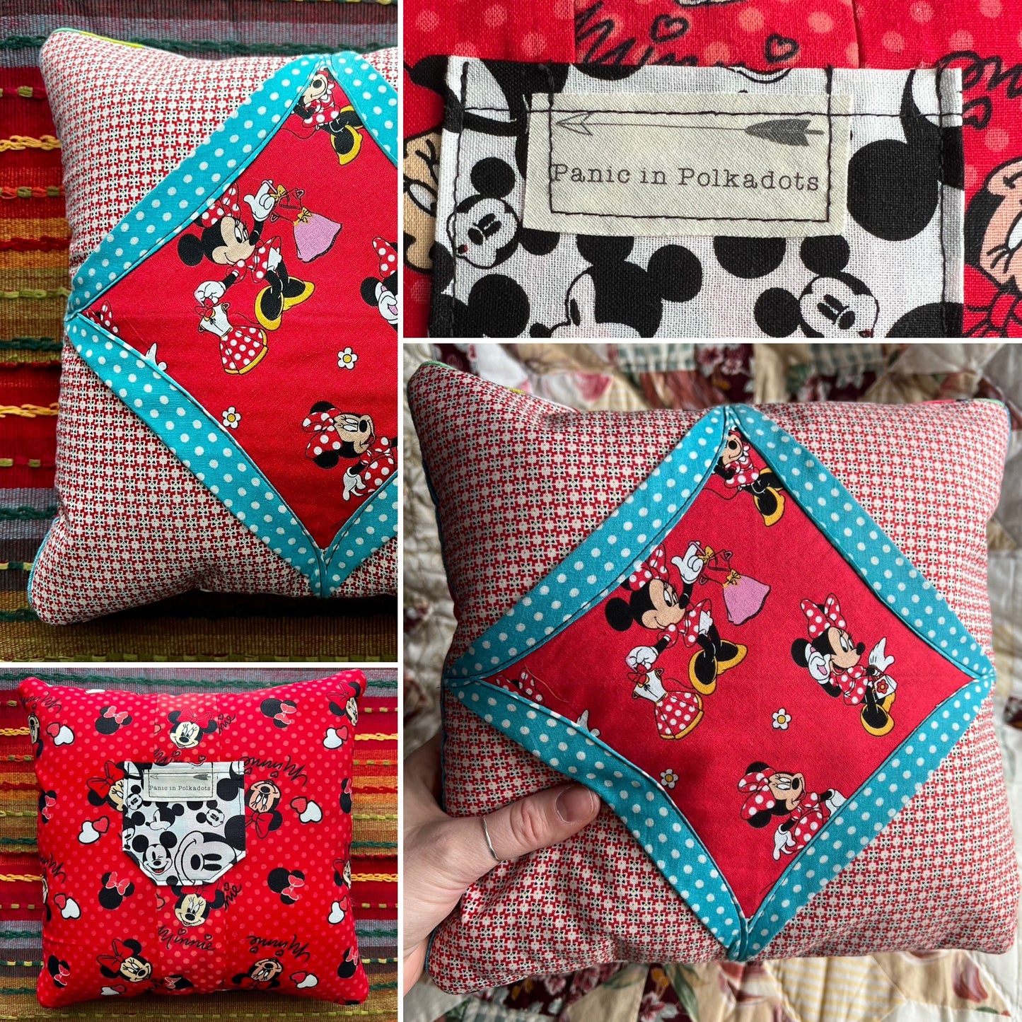 Collage of pictures of a decorative pillow with cartoon character patterns and text.