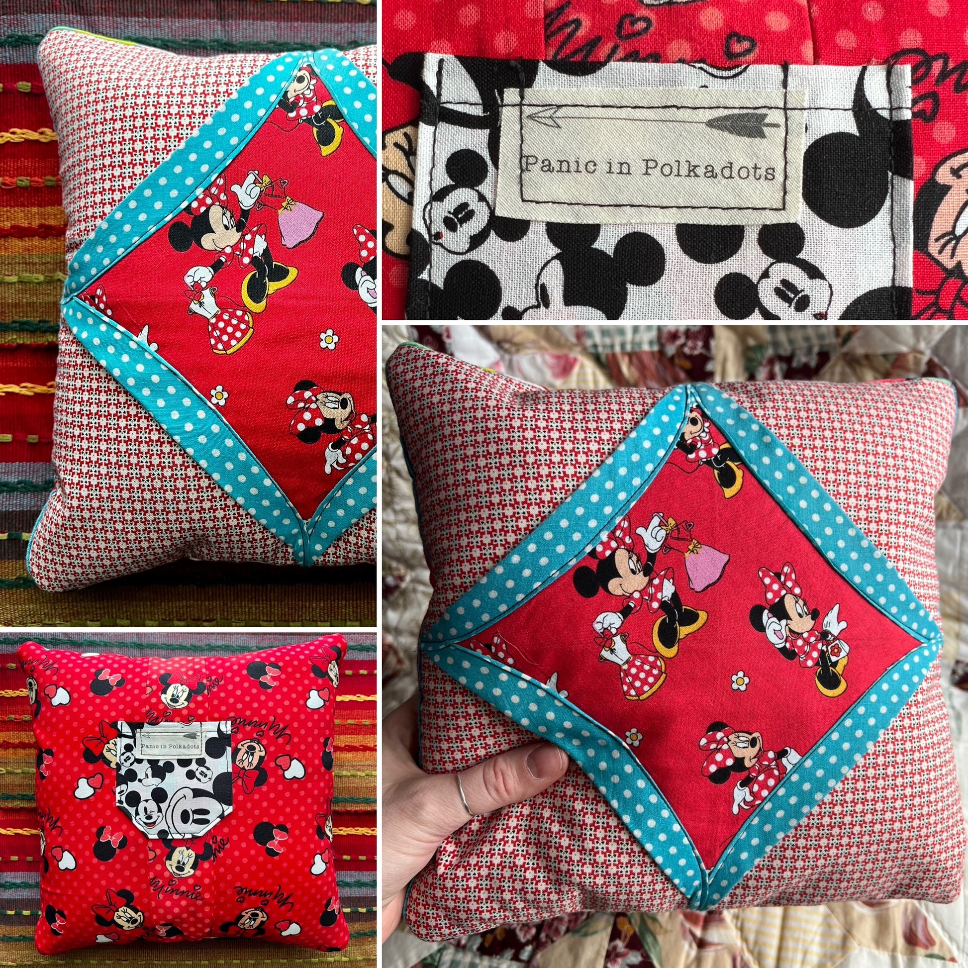 Collage of pictures of a decorative pillow with cartoon character patterns and text.