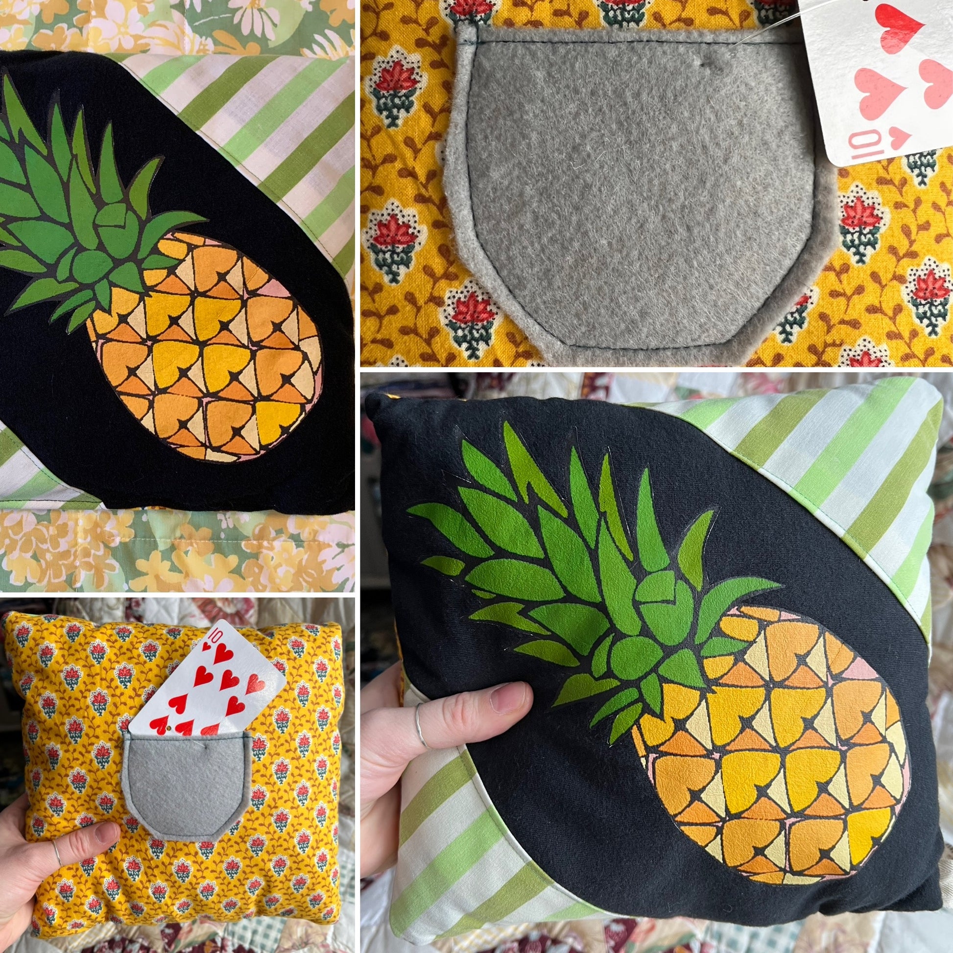 Collage of fabric pieces with pineapple and heart designs on a colorful background.