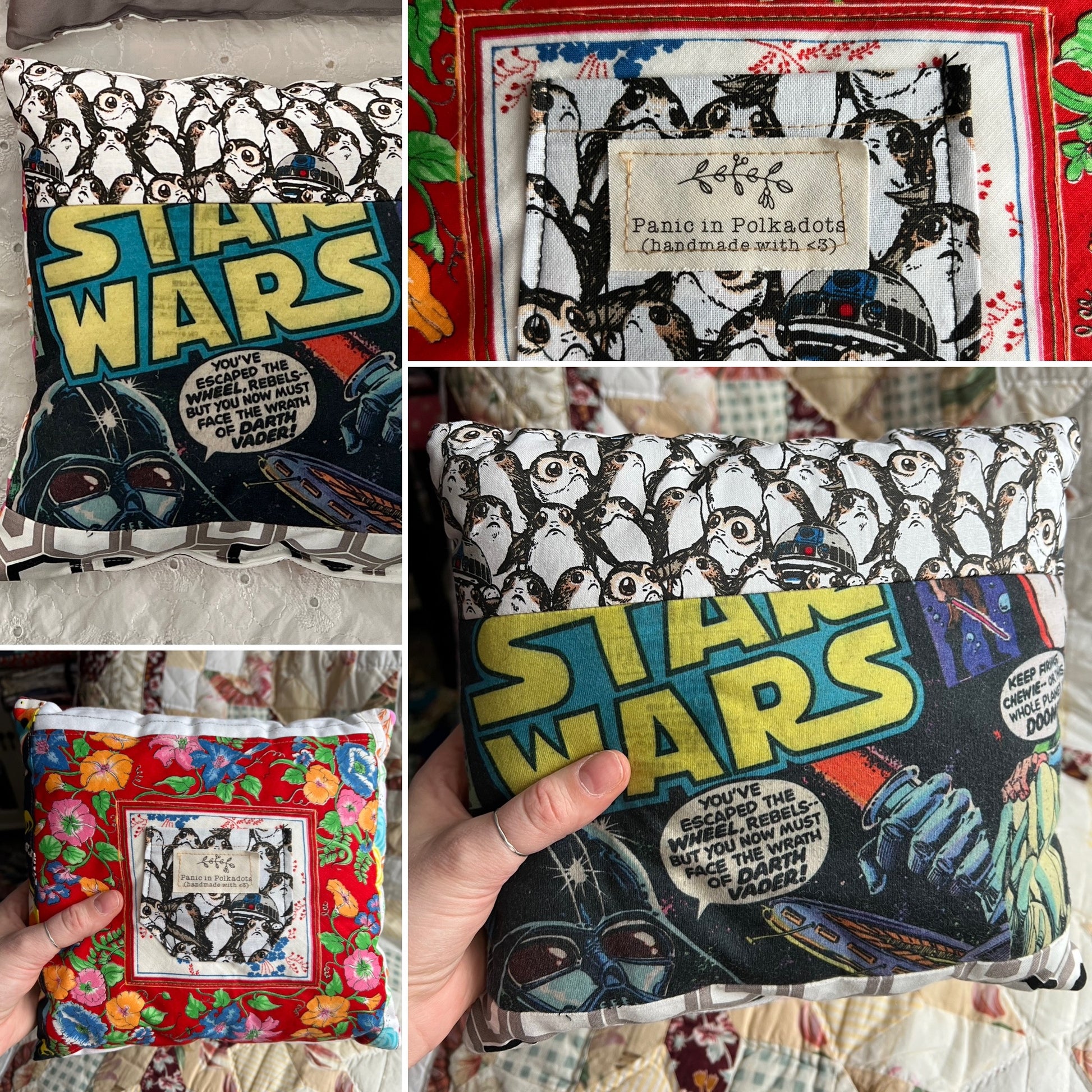 Collage of various fabric pouches with different designs and text, including 'Star Wars' and cartoon characters.