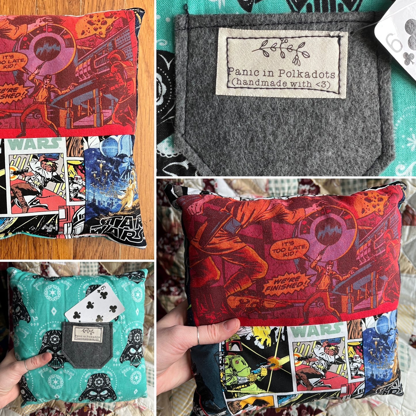 Collage of pictures of a tooth fairy pillow with unique designs and labels, showing front back and closeup of pocket