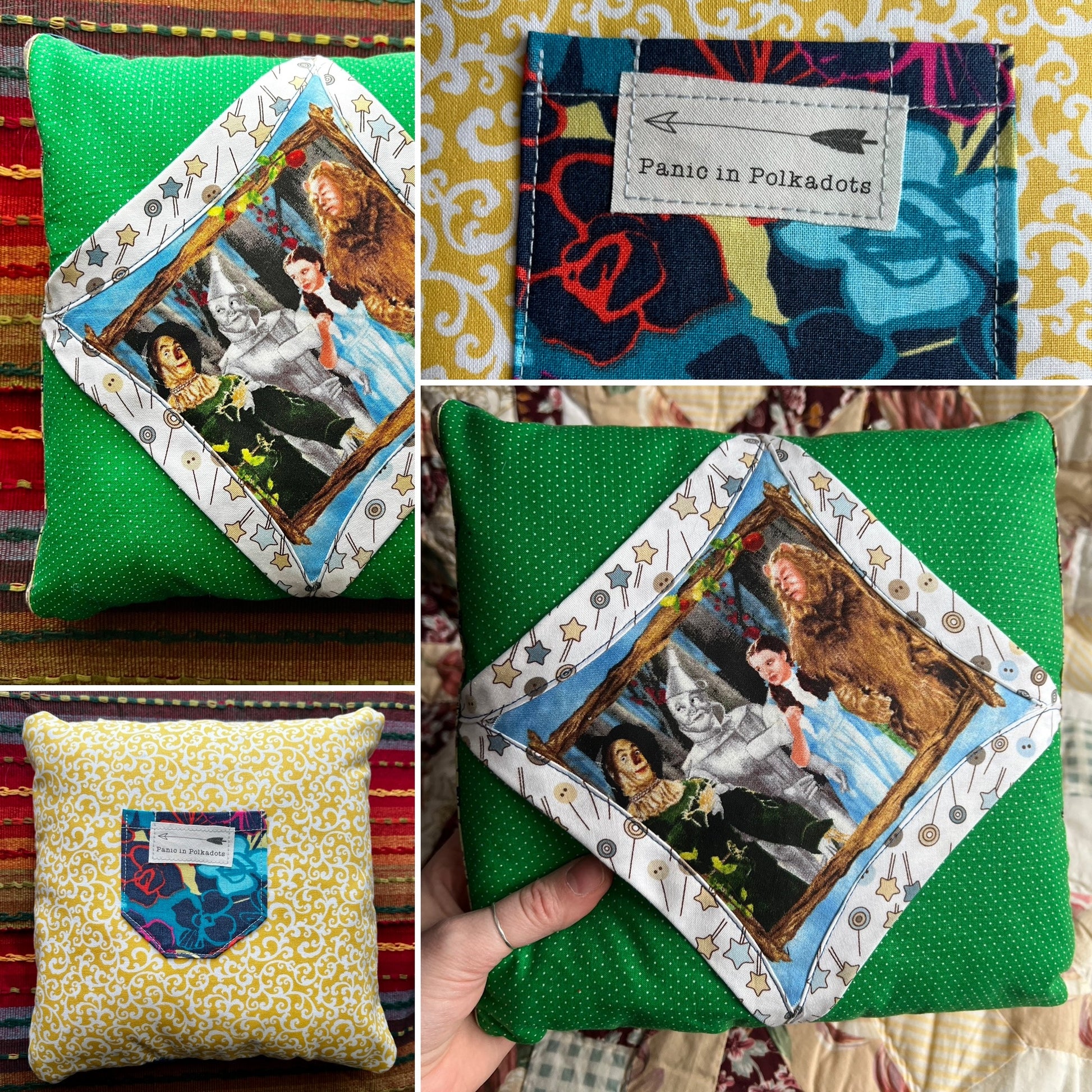 Collage of fabric pillow with artistic designs and visible brand name.