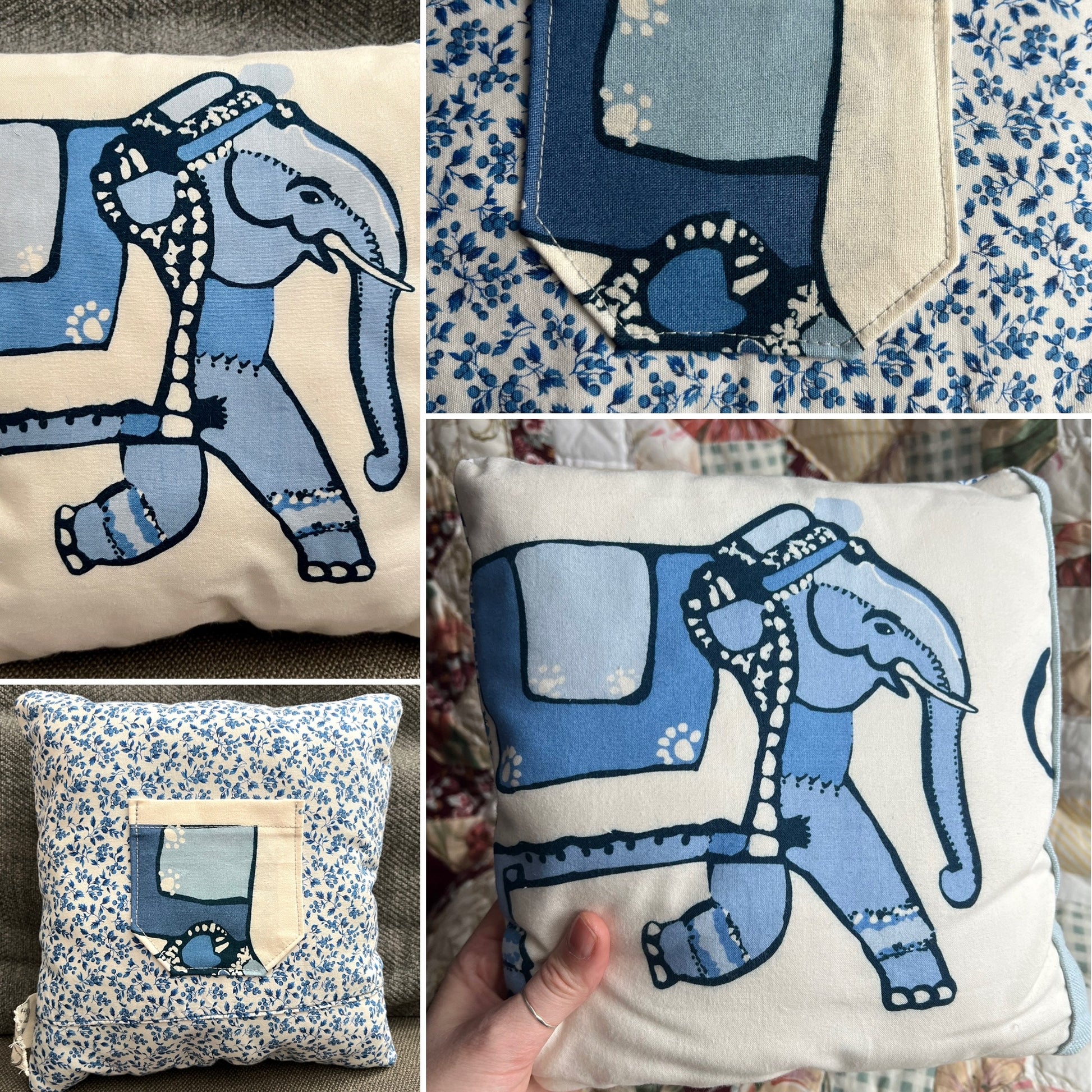 Collage of blue elephant-patterned pillows with floral accents.