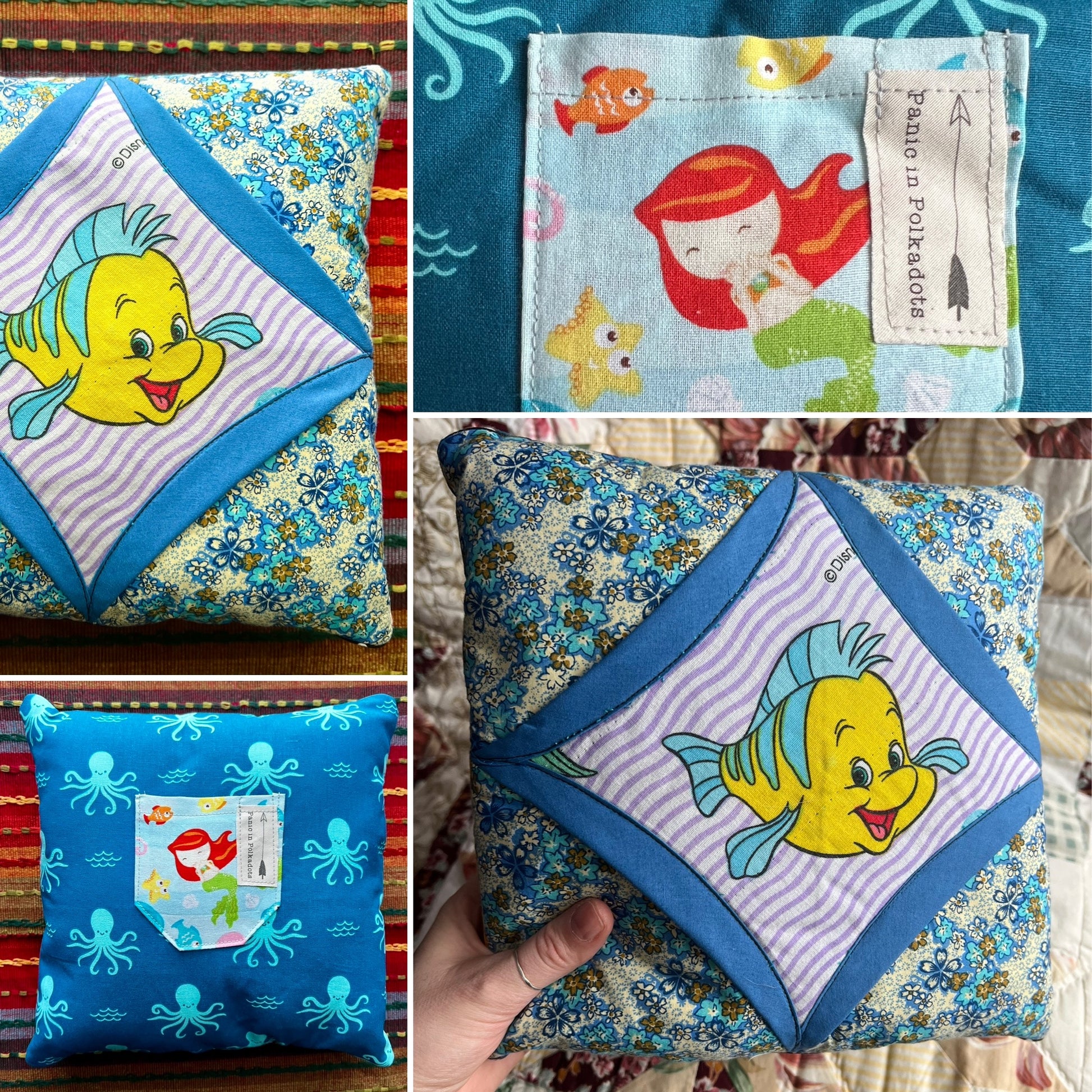 Tooth fairy pillow, views of front back, pillow closeup and held in hand for scale. pillow tooth fairy