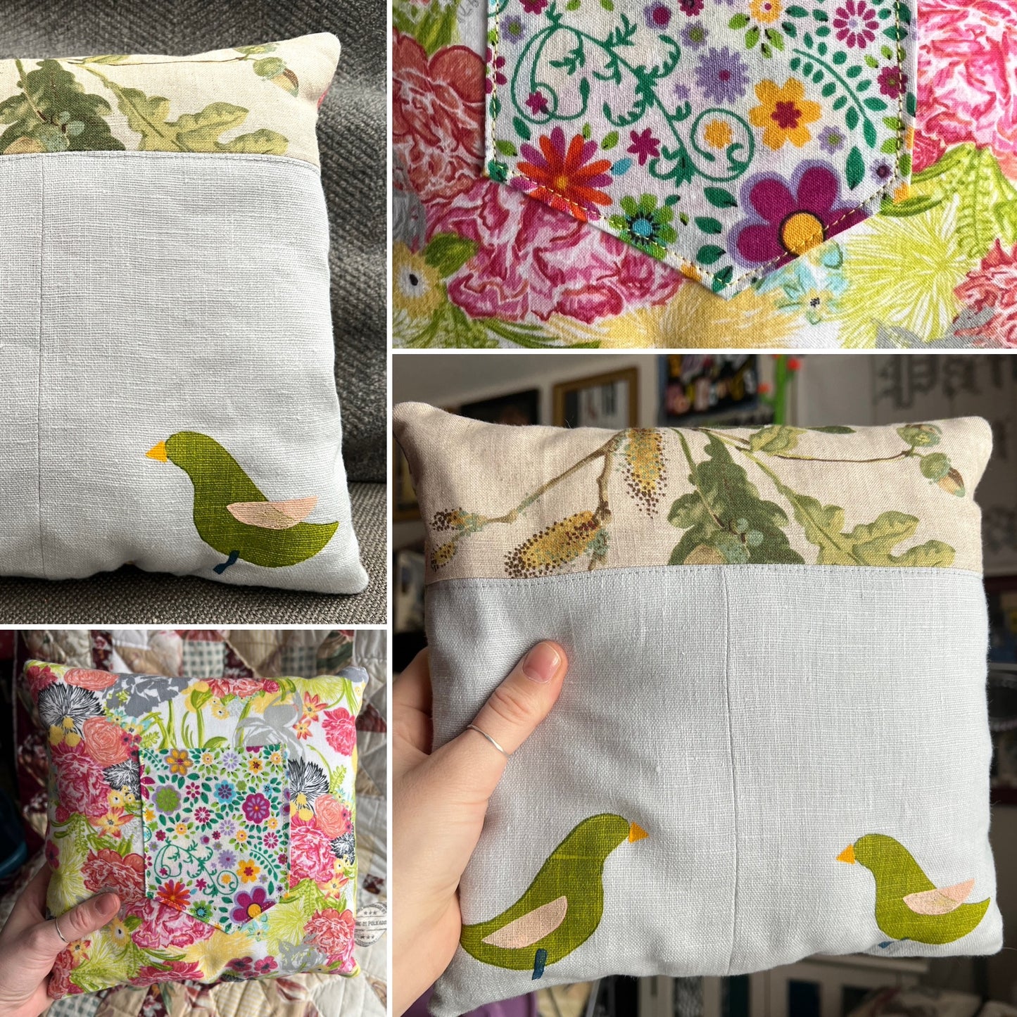 Collage of various pillows with floral and bird designs.