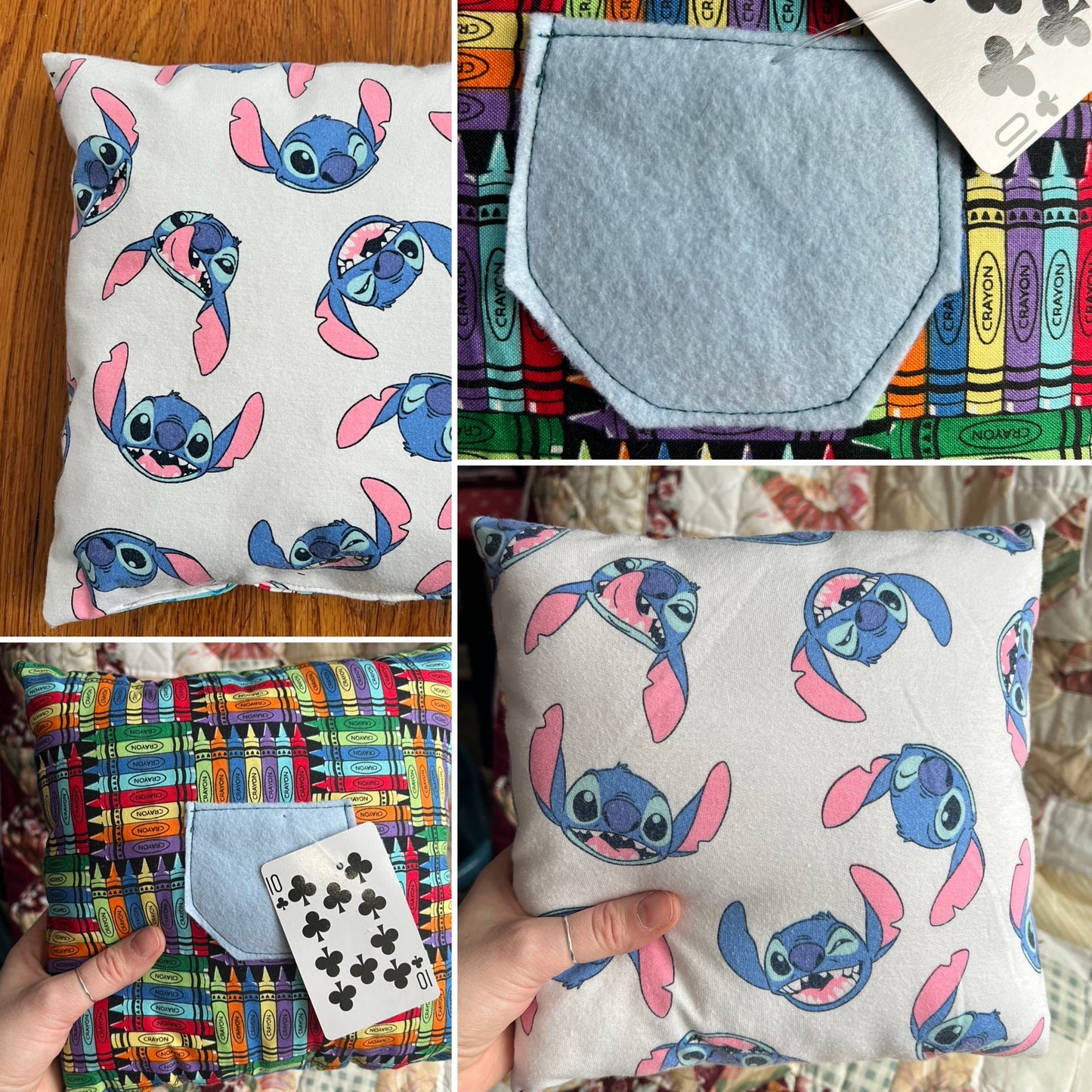 Collage of a pillow with cartoon character pattern and a colorful fabric pouch.
