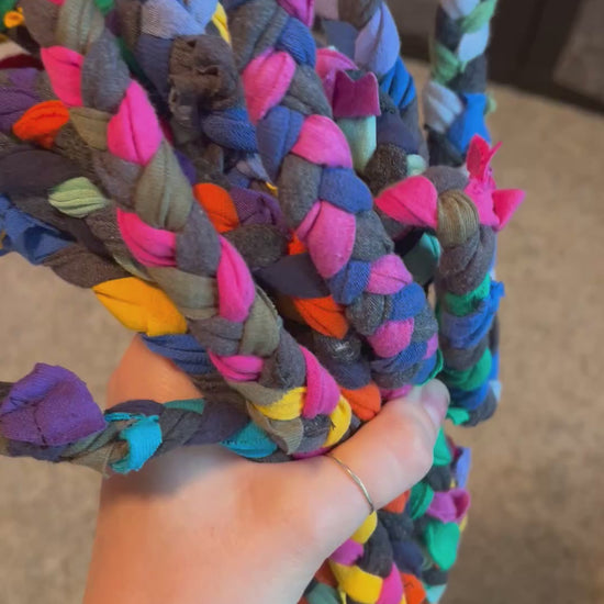 Braided tshirt strips, ready to be sewn into rugs and trivets