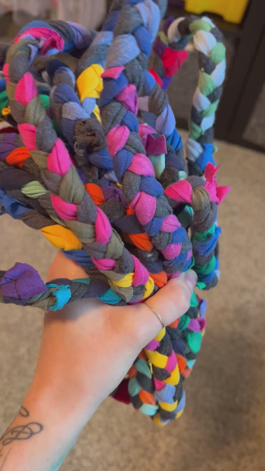 Braided tshirt strips, ready to be sewn into rugs and trivets