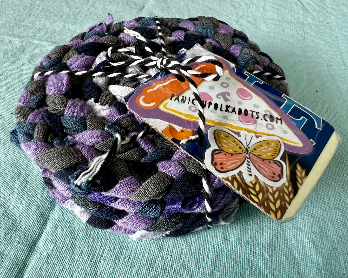 purple coaster set stack bundled together with string, Panic in Polkadots tag
