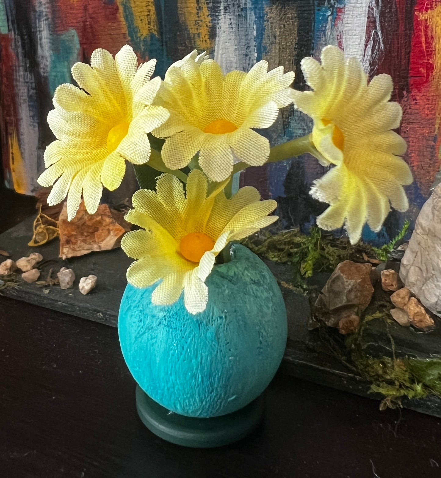 turquoise vase yellow flowers, miniature